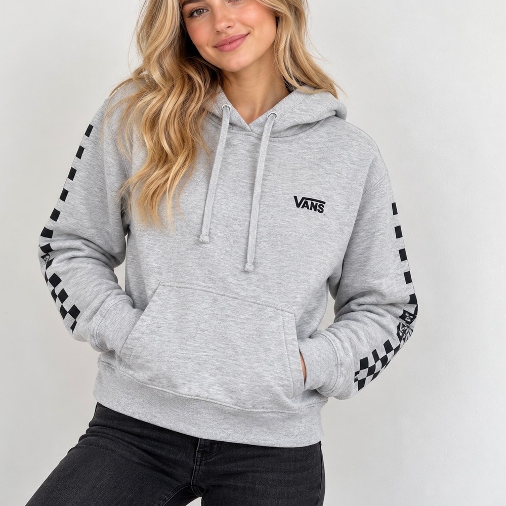Vans Women Grey Checkerboard Sleeve Cropped Hoodie Fleece Pullover XS